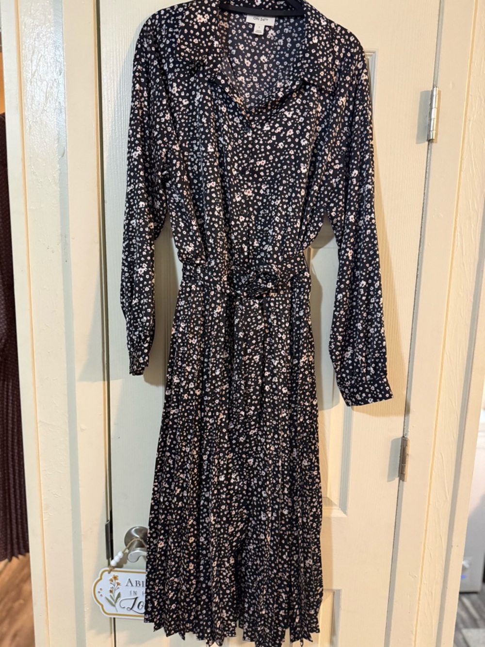 Pleated Black Floral Midi Dress